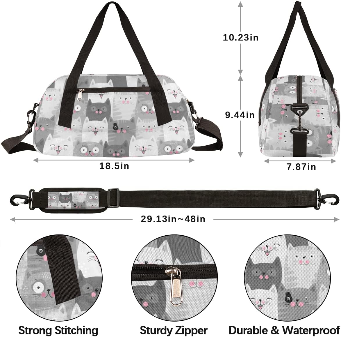 Cute Grey Cats Pattern Gym Duffle Bag for Kids,Sports Bag for Teens Boys & Girls Small Waterproof Overnight Weekender Carry School Practice Travel Bag - Image 4