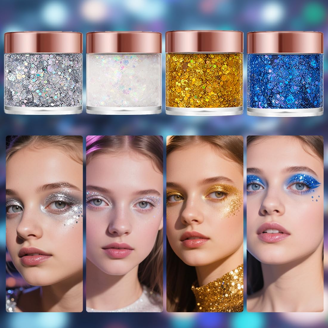 Badhare Dazzling Body Face Hair Glitter Gel 4Pack, Waterproof Sparkle for Parties, Festivals & Cosplay, Long Lasting Shimmer Makeup for Eye Shadow, Freckles & Skin, Easy Wash Off