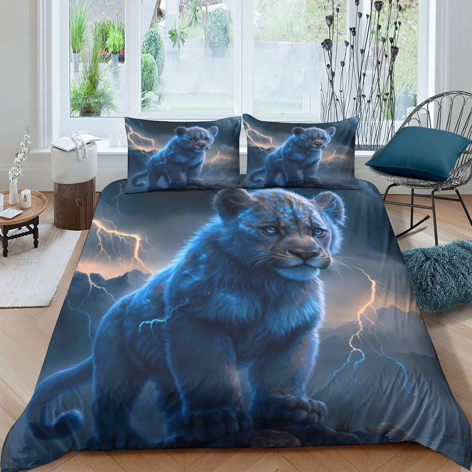 Ctjqhvkz Style-4 3D Printed Blue Lightning Lion Fitted Sheet Microfiber Soft Mattress Cover For Bedroom Dorm Decor Protection Single（135X200cm）