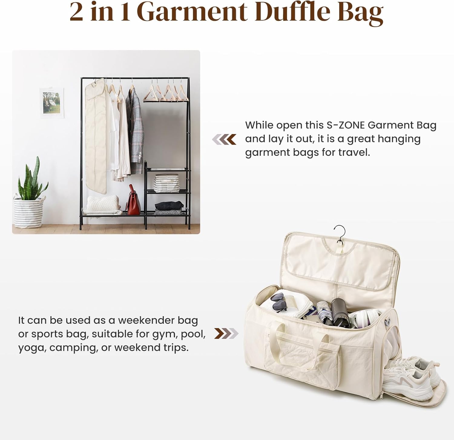 S-ZONE Garment Duffle Bags for Travel Carry on Convertible 2 in 1 Suit Bags Hanging Suitcase with Toiletry Bag 50L - Image 3