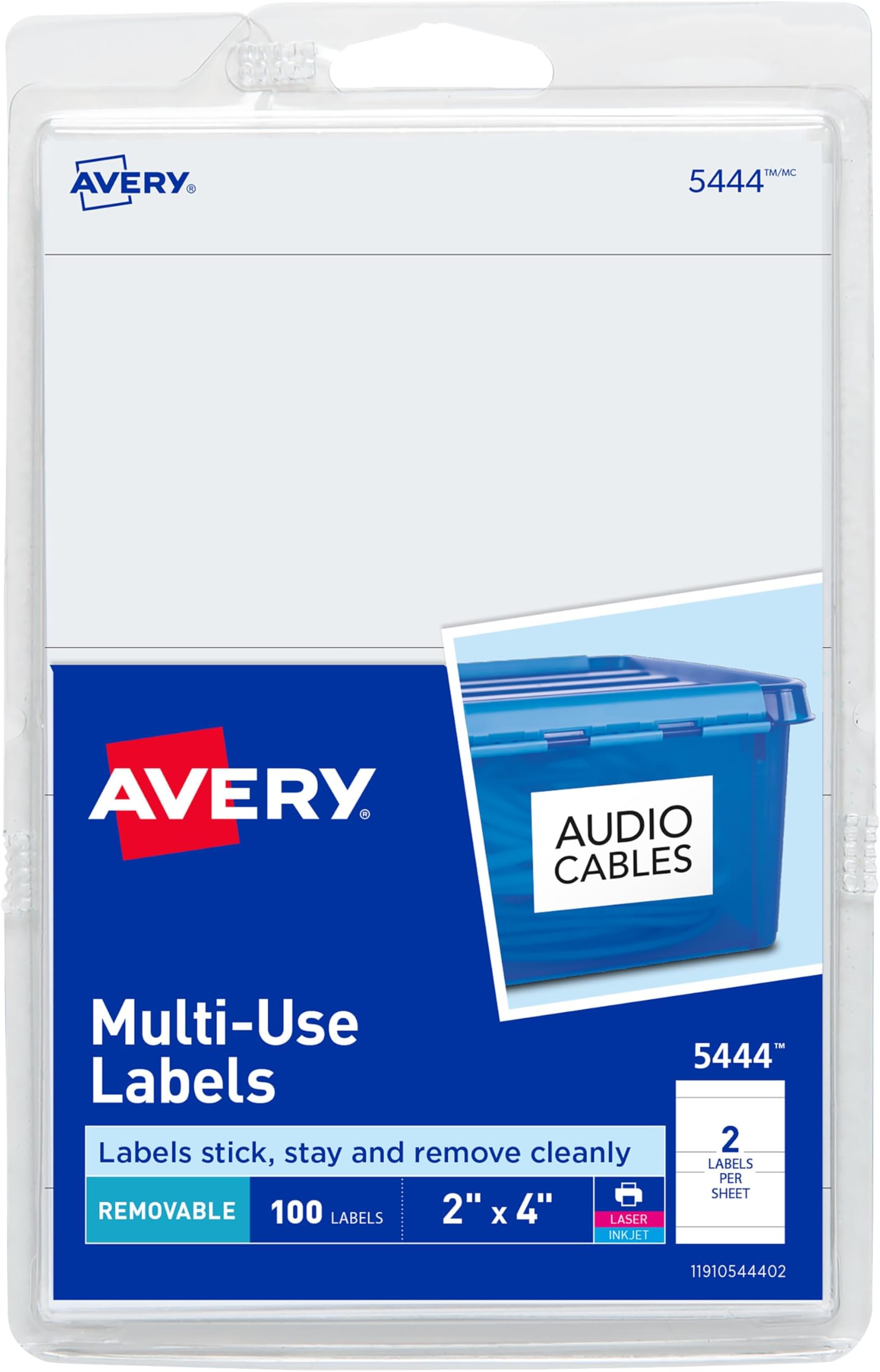 Avery Printable All-Purpose Removable Labels, 2" x 4" White, Write or Print, Great for Organization Projects, 100 Customizable Blank Labels (5444)
