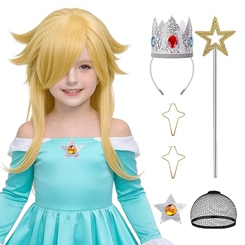 ELIM 6pcs Girls Blonde Rosalina Princess Costume Wig Set for Kids Cosplay Long Wavy Wig with Crown Accessories for Halloween Anime Party - Pre-cut Bangs & Soft Thick Hair & Heat Resistant Z315