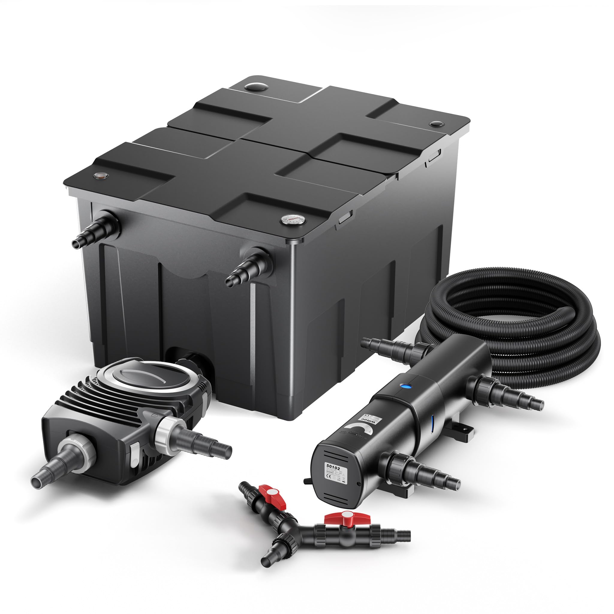 SunSun Komplettset: CBF-550 Teichfilter bis 60000L Teichfilteranlage als Durchlauffilter, NEO10000 Teichpumpe 10000l/h 80W, CUV-236 Teichklärer UVC Klärer mit 36W, 25m Teichschlauch 25 mm, Y-Verteiler