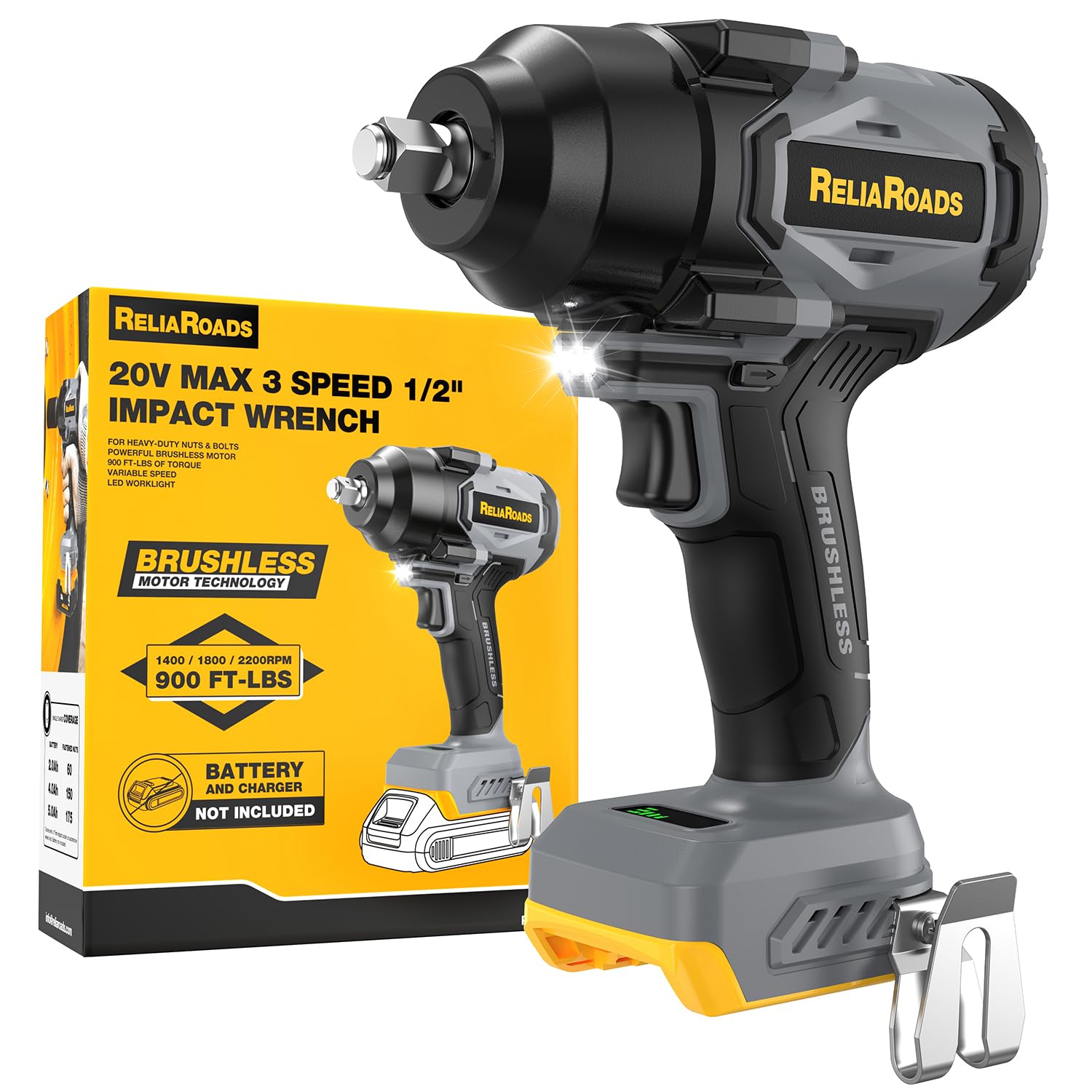 ReliaRoads 900 Ft-lbs Cordless Impact Wrench, 1/2 Inch Impact Gun Compatible DeWALT 20V MAX Battery, Brushless Constant High Torque Impact Driver with 3 Speed, Tool Only (No Battery Included)