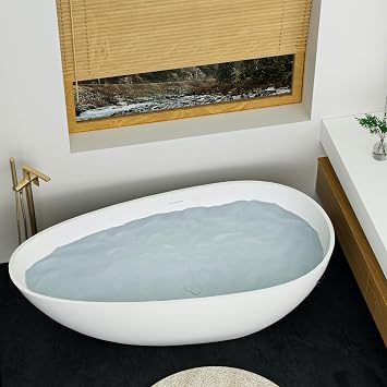 59" Stone Resin Freestanding Bathtub, Egg Shaped Bathroom Freestanding Tubs, Stand Alone Soaking Tubs with Integrated Slotted Overflow and Drain, Matte White