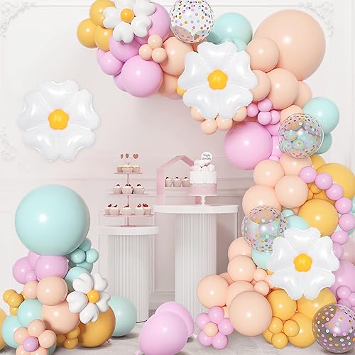 Miniatura 6 de Kit de guirnalda de arco de globos de margarita, 168 unidades, azul pastel, naranja, amarillo, morado, confeti, margarita, globos de flores