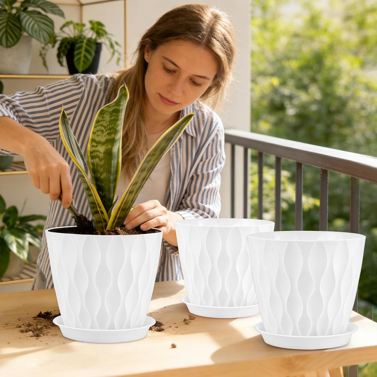 YNNICO 8 inch Plant Pots for Indoor with Drainage Holes and Tray Saucers image 4