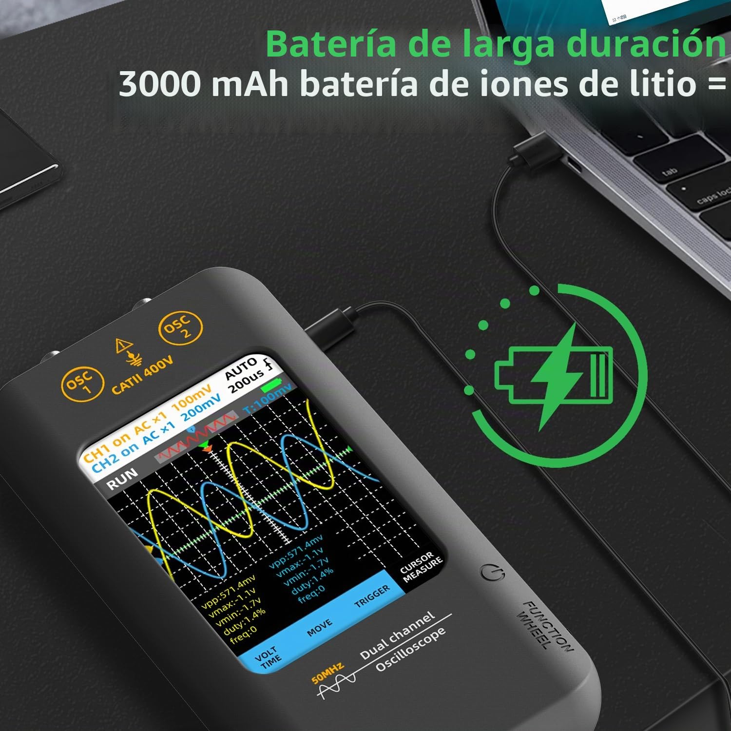 BSIDE Osciloscopio Digitales Osciloscopio de mano de 2 canal y 50MHz de ancho de banda con pantalla táctil de 3.98'' Osciloscopio portátil 250MSa/s de frecuencia de muestreo Generador de señal