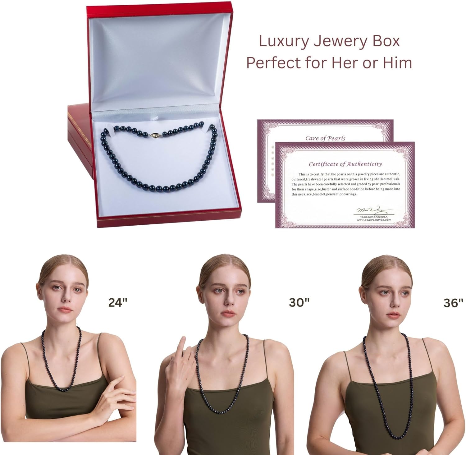 II ROUND PEARL II Real Black Pearl Necklace for Women Pearl Jewelry for Men Sterling Silver Genuine Cultured Freshwater Wedding Anniversary Birthday Gift Strand