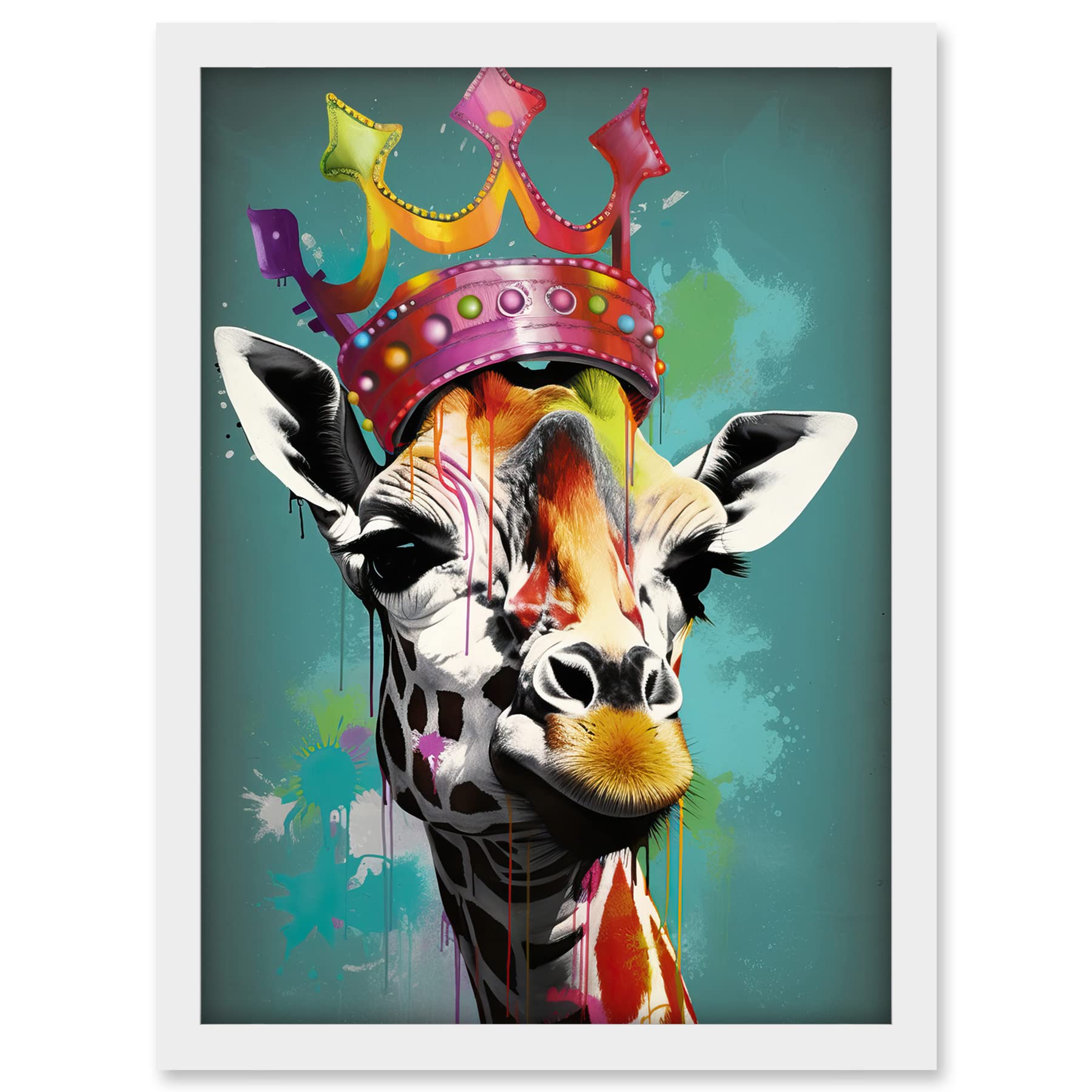 Artery8 Giraffe Wearing Rainbow Crown King Queen Pop Art Artwork Framed A3 Wall Art Print