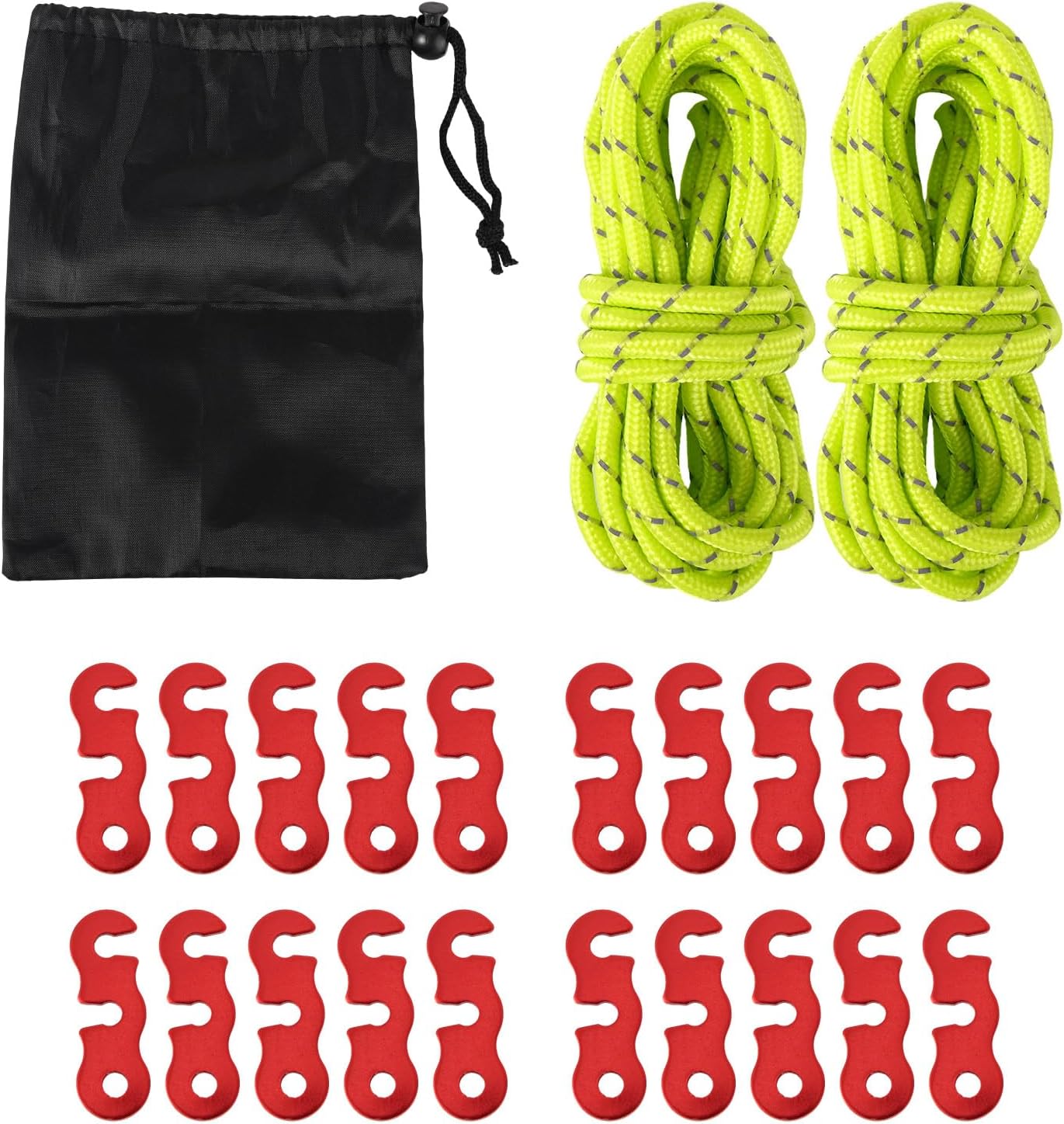 20pcs Zinc Alloy Tent Guy Line Tensioners, Rope Adjuster Clips with 4mm Paracord & Storage Bag Cord Tightener Hooks for Camping Hiking Backpacking Outdoor Tent Stake Accessories (Red)