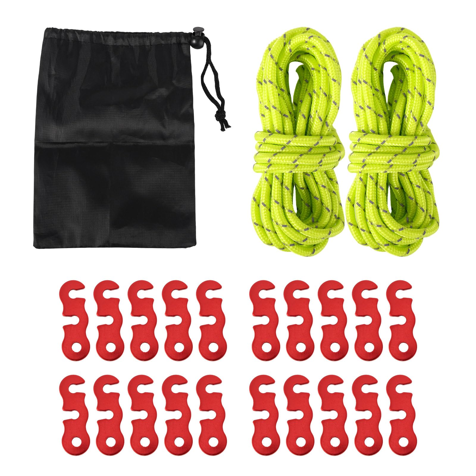 20pcs Zinc Alloy Tent Guy Line Tensioners, Rope Adjuster Clips with 4mm Paracord & Storage Bag Cord Tightener Hooks for Camping Hiking Backpacking Outdoor Tent Stake Accessories (Red)