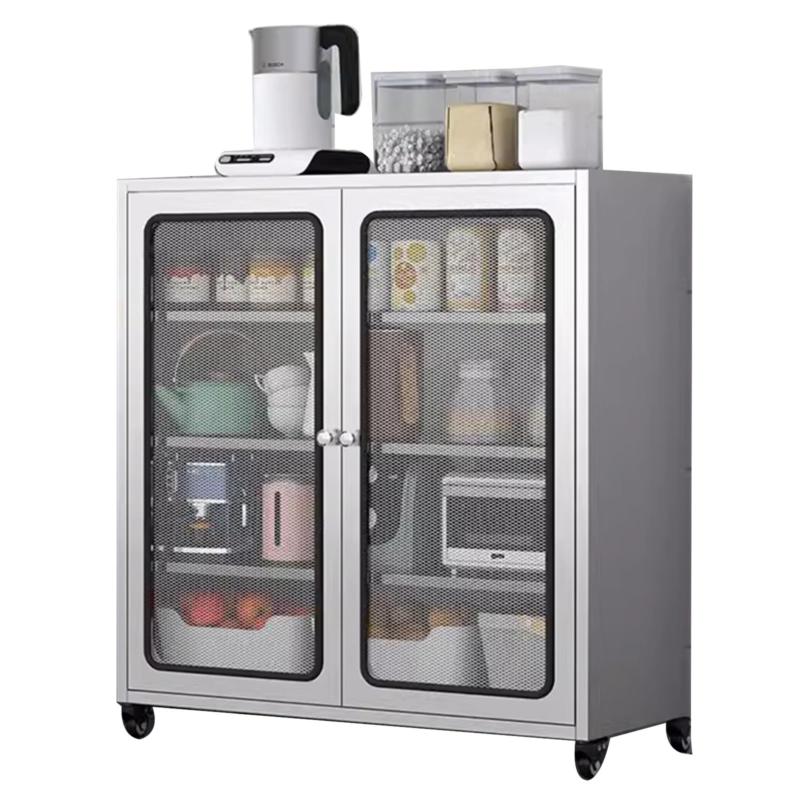 Scaffale da cucina in acciaio inox su ruote con porta in vetro, versatile, per sala da pranzo, soggiorno e lavanderia, soluzione moderna per riporre oggetti per la casa