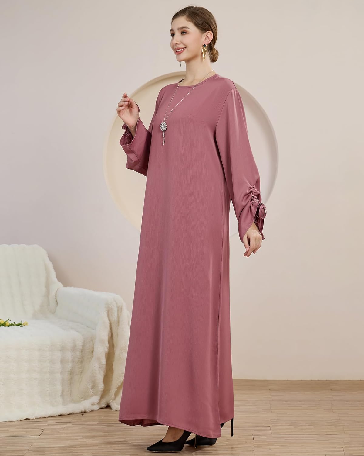 Muslim Women‘s Abaya Solid Color Zipper Islamic Dress Kaftan Robe Eid Clothes - Image 4