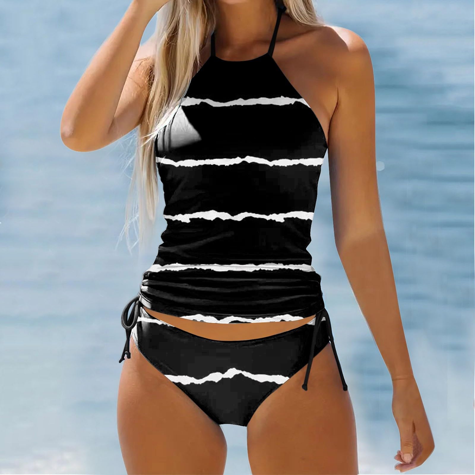 Ensemble Tankini Femme Deux Pièces Maillot Bain Dos Réglable Bretelles Rembourrées Imprimé Multicolore Tunique Plage Vacances