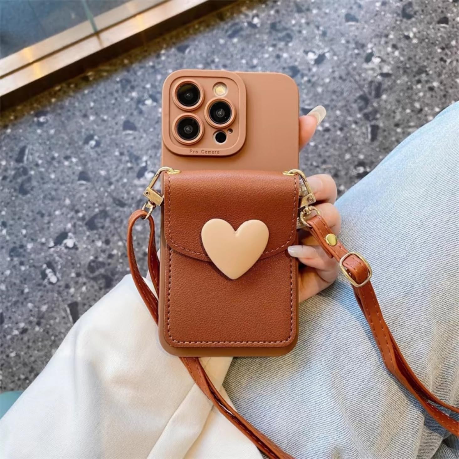 SGVAHY for iPhone 13 Pro Max Case with Strap Card Holder Crossbody Lanyard, Cute Phone Wallet Case for Women Girls, Brown Heart Design Leather Purse Soft Silicone Cover for iPhone 13 Pro Max - Image 2
