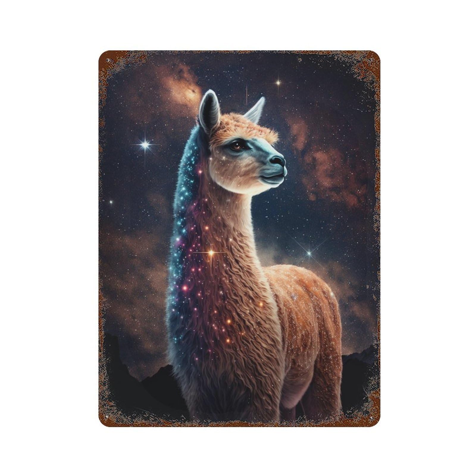 Cosmic Llama Art Print 15.7"x11.8" Retro Metal Sign, Vintage Wall Decor for Garage, Bar And Workshop Decor