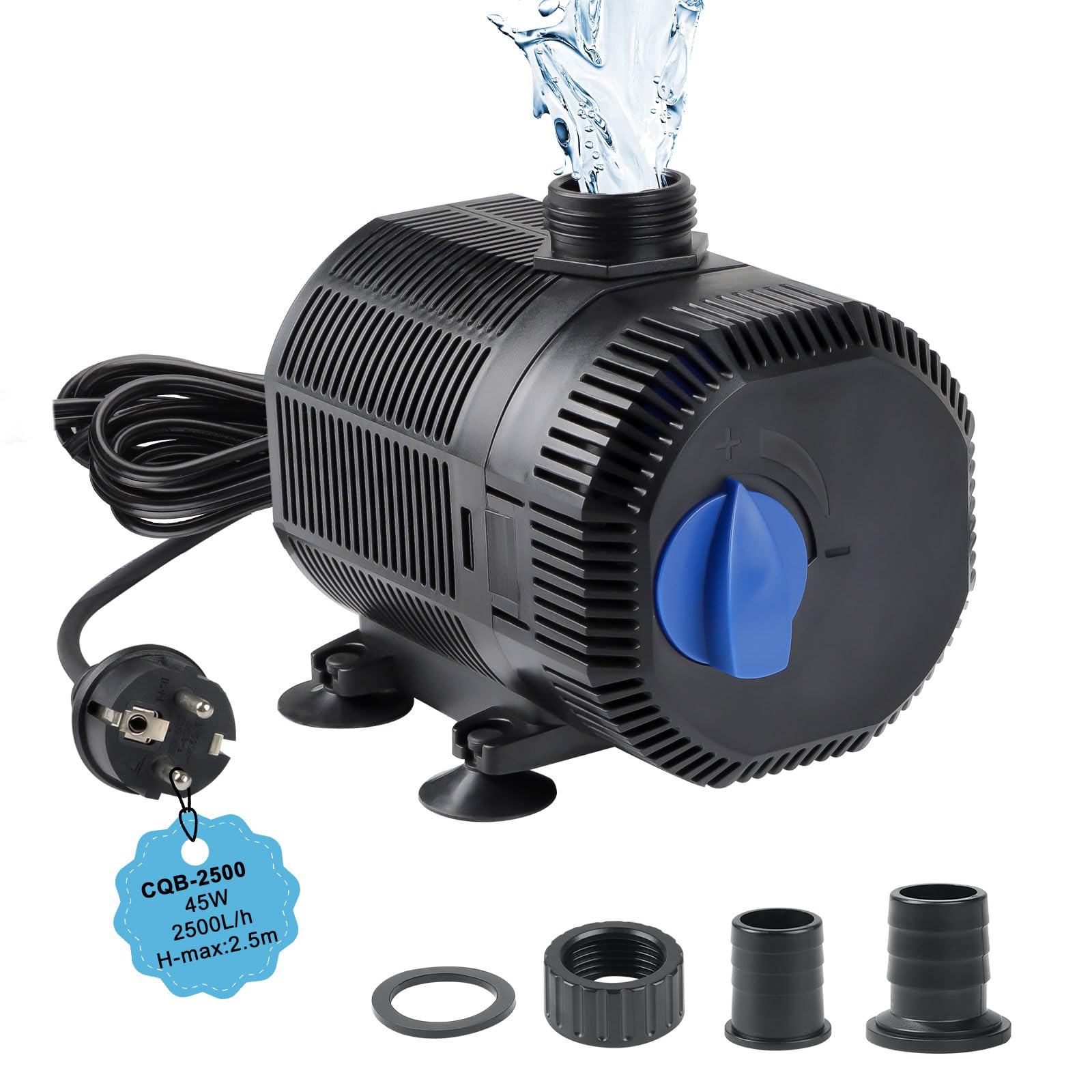 EXLECO Bomba de Agua Sumergible 45W con Filtro, 2700L/H, Cable 10M, 2 Boquillas para Estanque y Fuente de Jardín