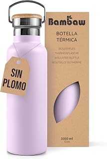 Bambaw - Termo isotérmico (1 l, botella violeta, botella de acero inoxidable, 1 l, botella de acero, botella sin BPA, color lila claro
