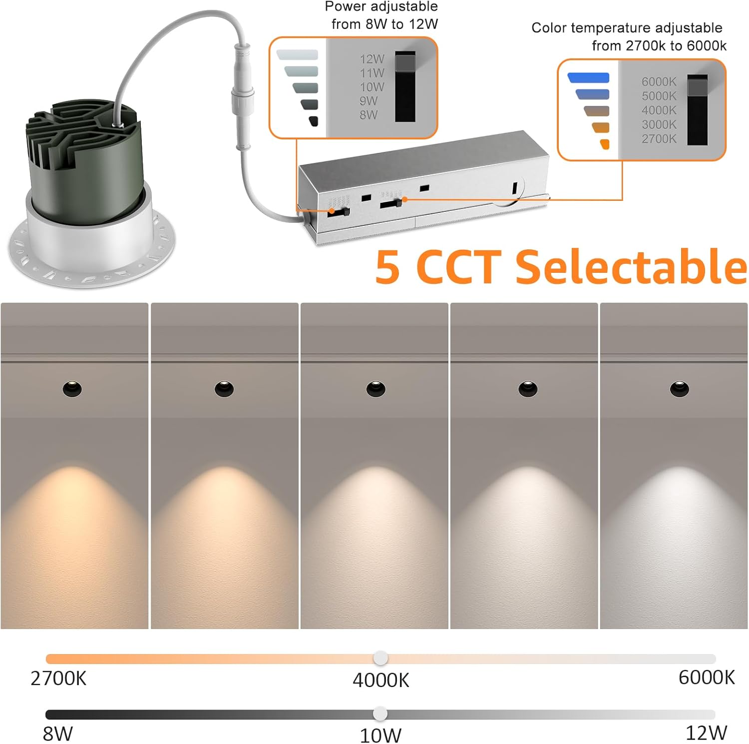 6 Pack LED Round Recessed Lighting, 10W Adjustable Canless Downlight, Aluminum Recessed Ceiling Light with junction Box, 5 CCT 2700K-6000K, Rotation Spotlight for Living Room Bedroom Hallway Kitchen