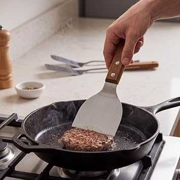MallArt® Ahşap Saplı Paslanmaz Çelik Spatula – 24cm Eğilimli Çok Amaçlı Mutfak Spatulası | Izgara, Burger, Sebze, Temizlik için Profesyonel Metal Spatula