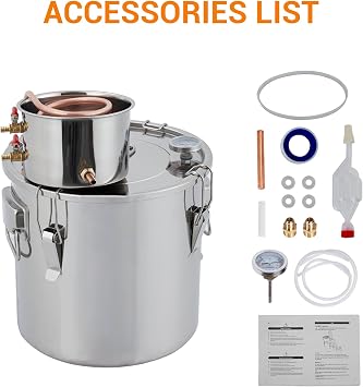 10 Gal Stainless Steel Alcohol Distiller Kit - Professional 2 Pots & Copper Tube for Home Brewing, Whiskey/Brandy Making, Includes Thermometer & Water Pump