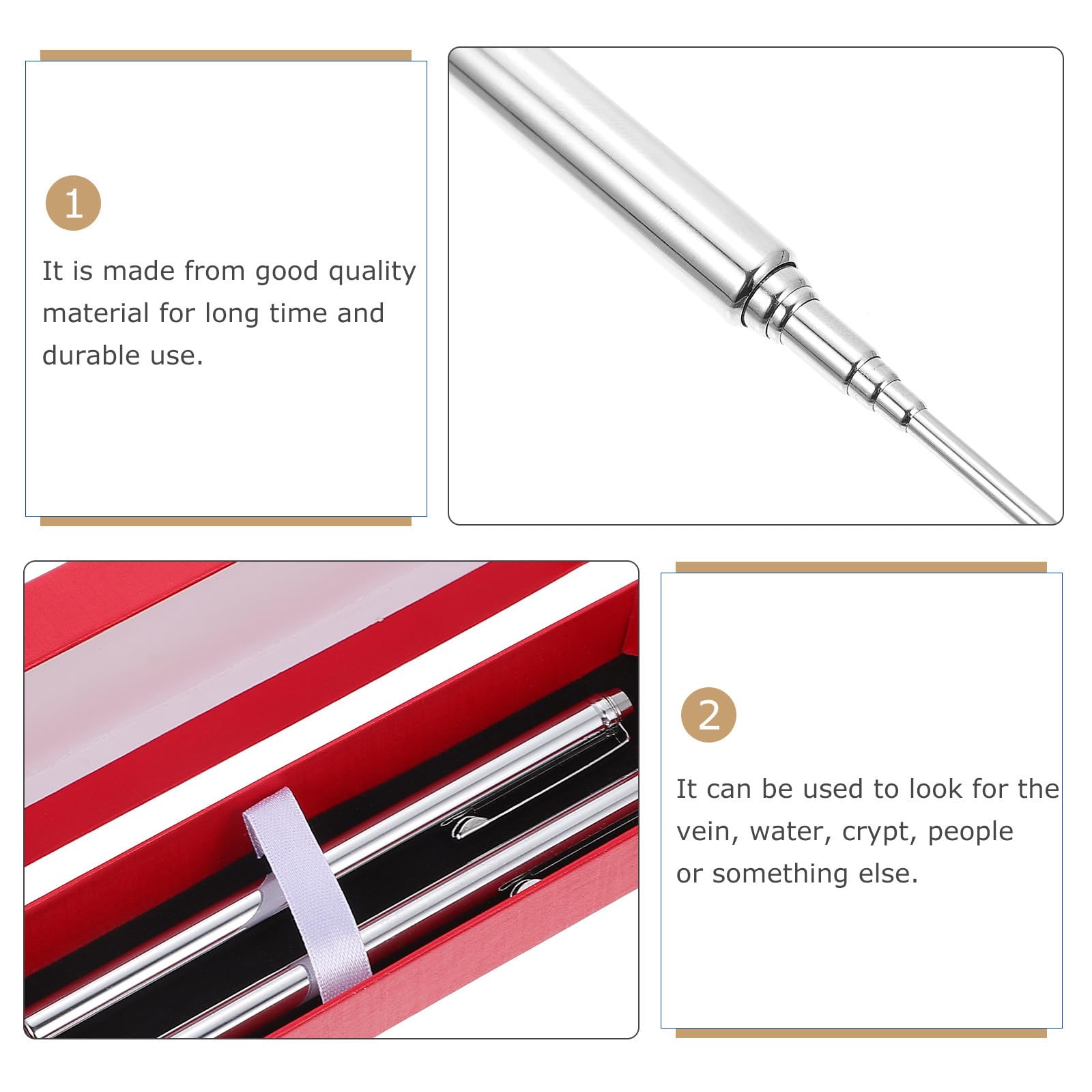 PACKOVE Baguette de Sourcier Rétractable en INOX pour Radiesthésie, Outil de Recherche d'eau Portable et Léger, pour Usage Extérieur