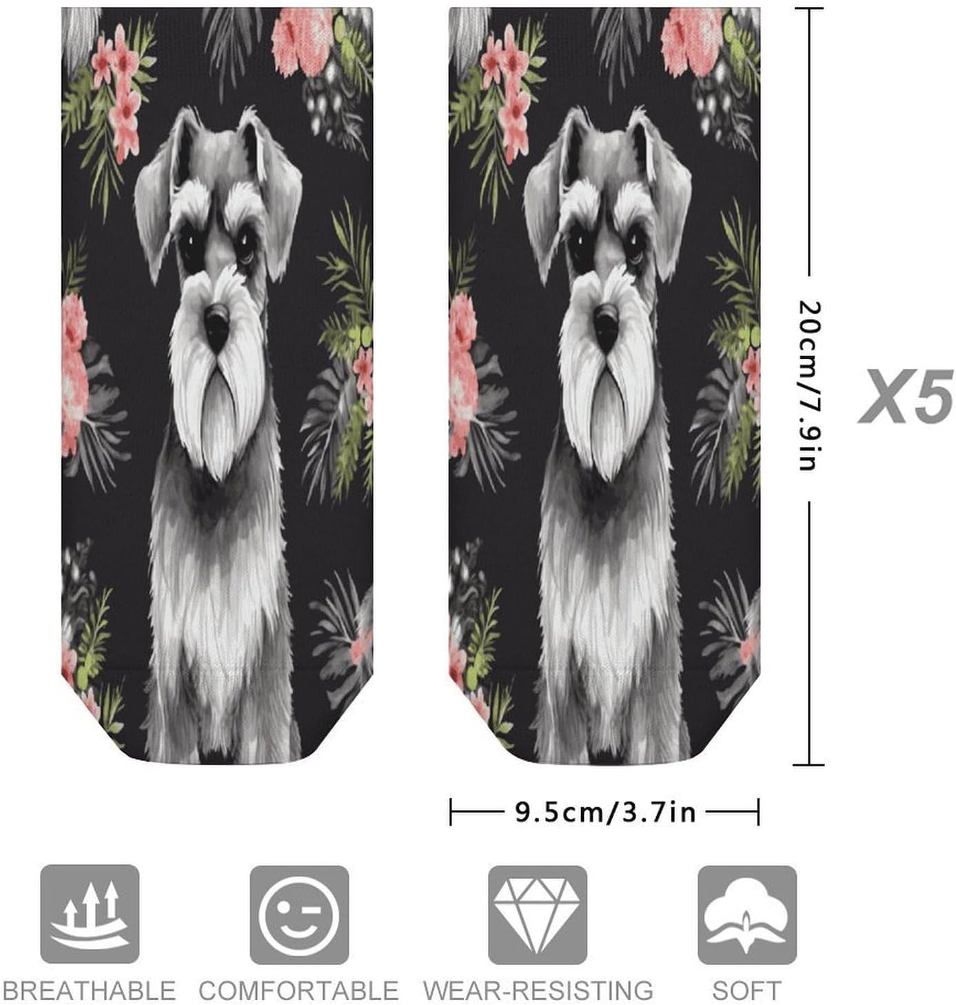 Schnauzer Ankle Socks for Men Women 5 Pairs | Comfortable Casual Low Cut Socks, Lightweight No Show Breathable Athletic Socks, Soft Mini Crew Socks for All Seasons