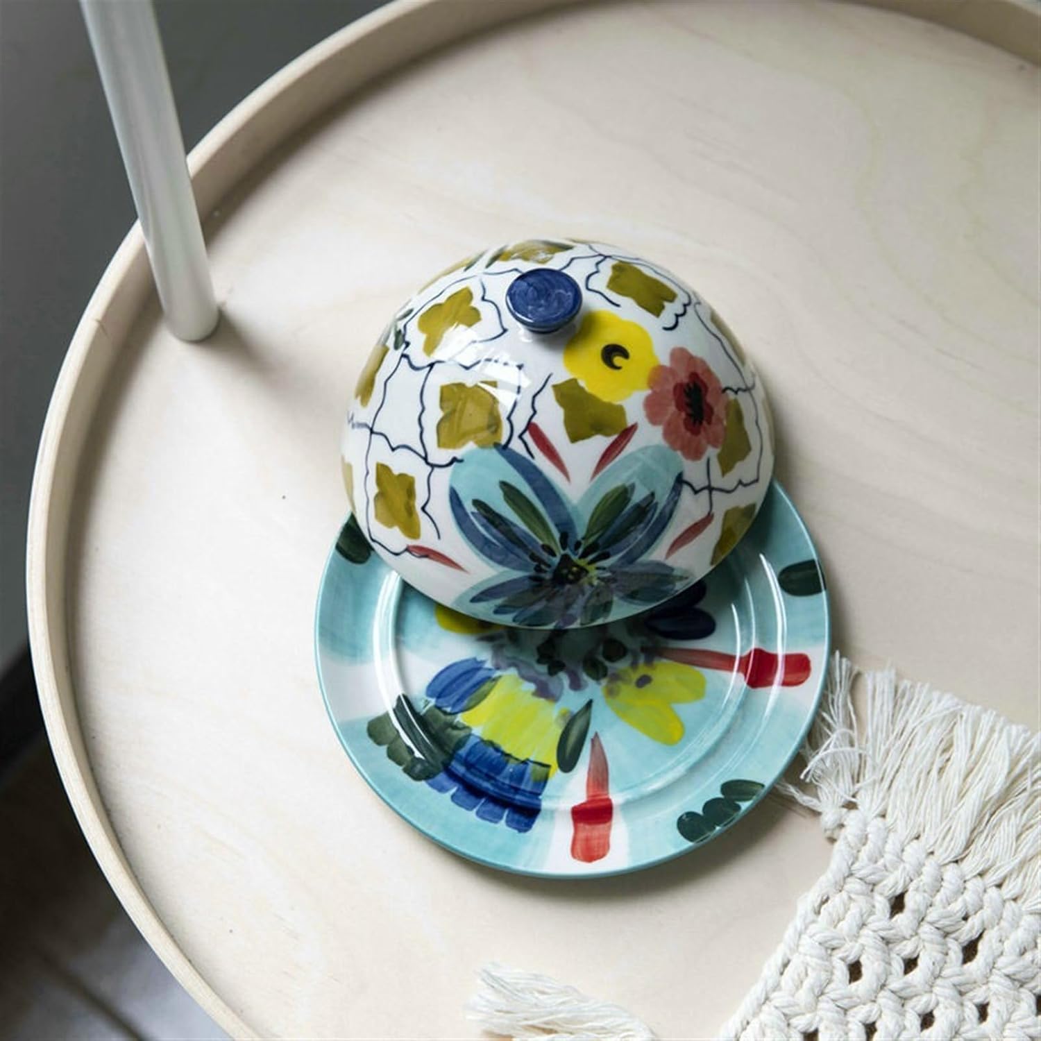 Butter Container Beautiful Hand Painted Ceramic Butter Dish with Lid Butter Container Round Storage Tray Treat Plate for All Types of Butter