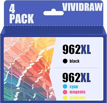 VIVIDRAW 962XL Ink Cartridges for HP 962XL Ink Cartridges Combo Pack 962XL Ink Cartridges Work for HP Officejet Pro 9015e 9010 9025e 9015 9025 9018e 9025e 9020 Printer for HP 962 4 Pack