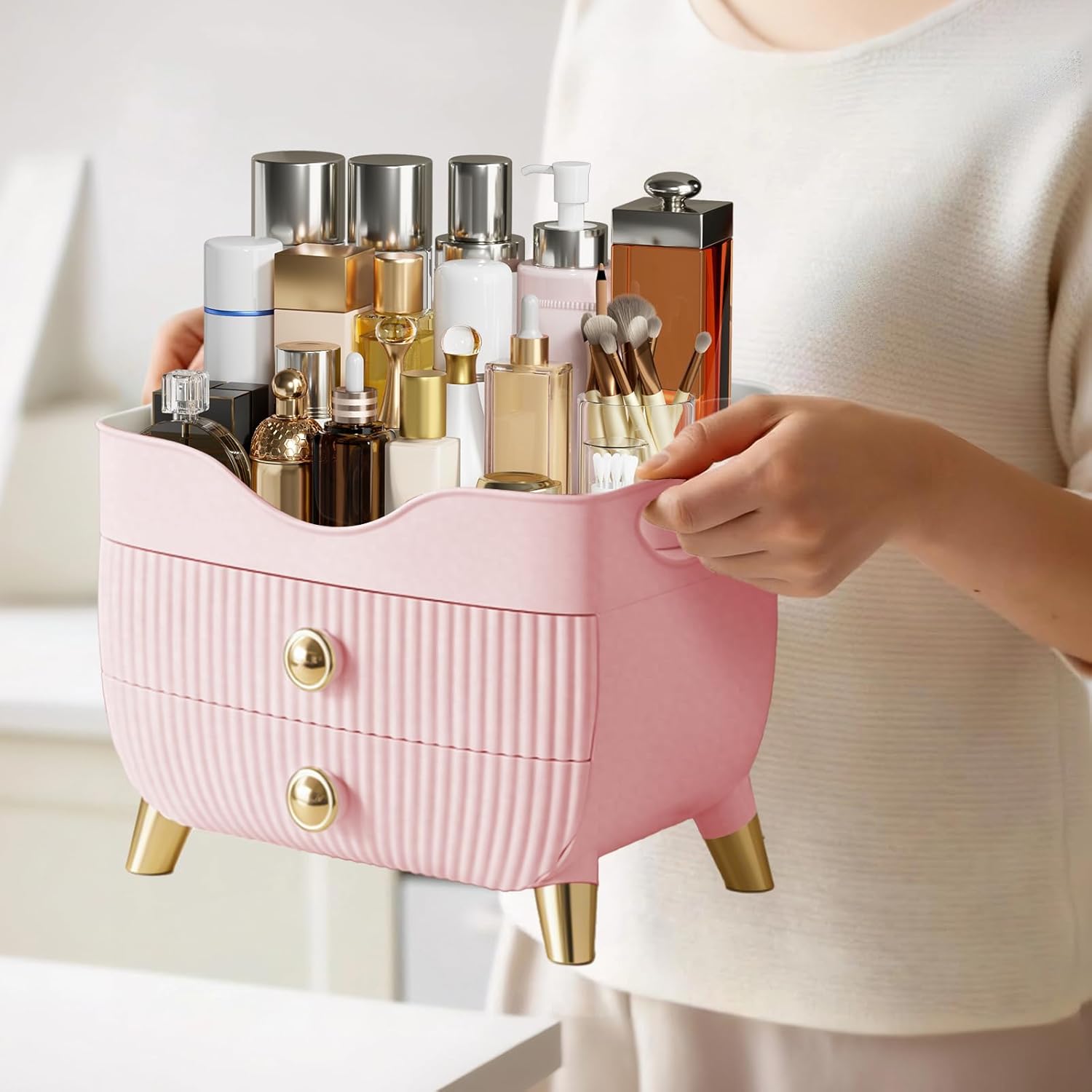 Makeup Organizer Countertop, Large Capacity Skincare Cosmetic Organizer for Vanity with 2 Drawers, Cosmetic Display Cases Makeup Storage Box for Bedroom, Bathroom, Ideal Gifts for Women(Pink)