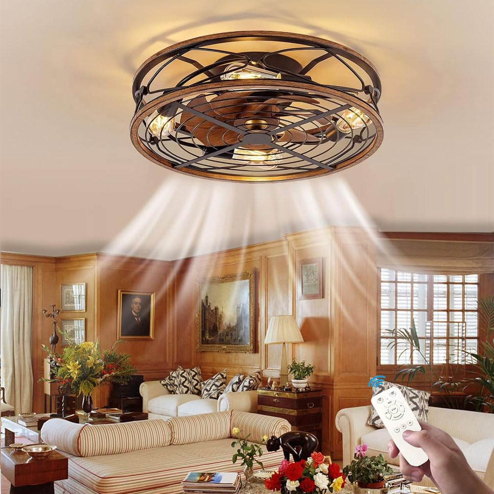 Deckenventilator Mit Beleuchtung, 50cm Retro Deckenlampe Mit ventilator, Deckenleuchte Mit Fernbedienung, E27 Lampensockel, Timer, Leise, Für Schlafzimmer Kinderzimmer Wohnzimmer