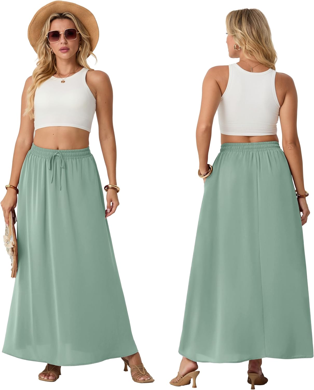 Lepunuo Women Flowy Maxi Skirts High Waisted Summer Casual Long Skirts with Pockets A-Line Elastic Waist - Image 2