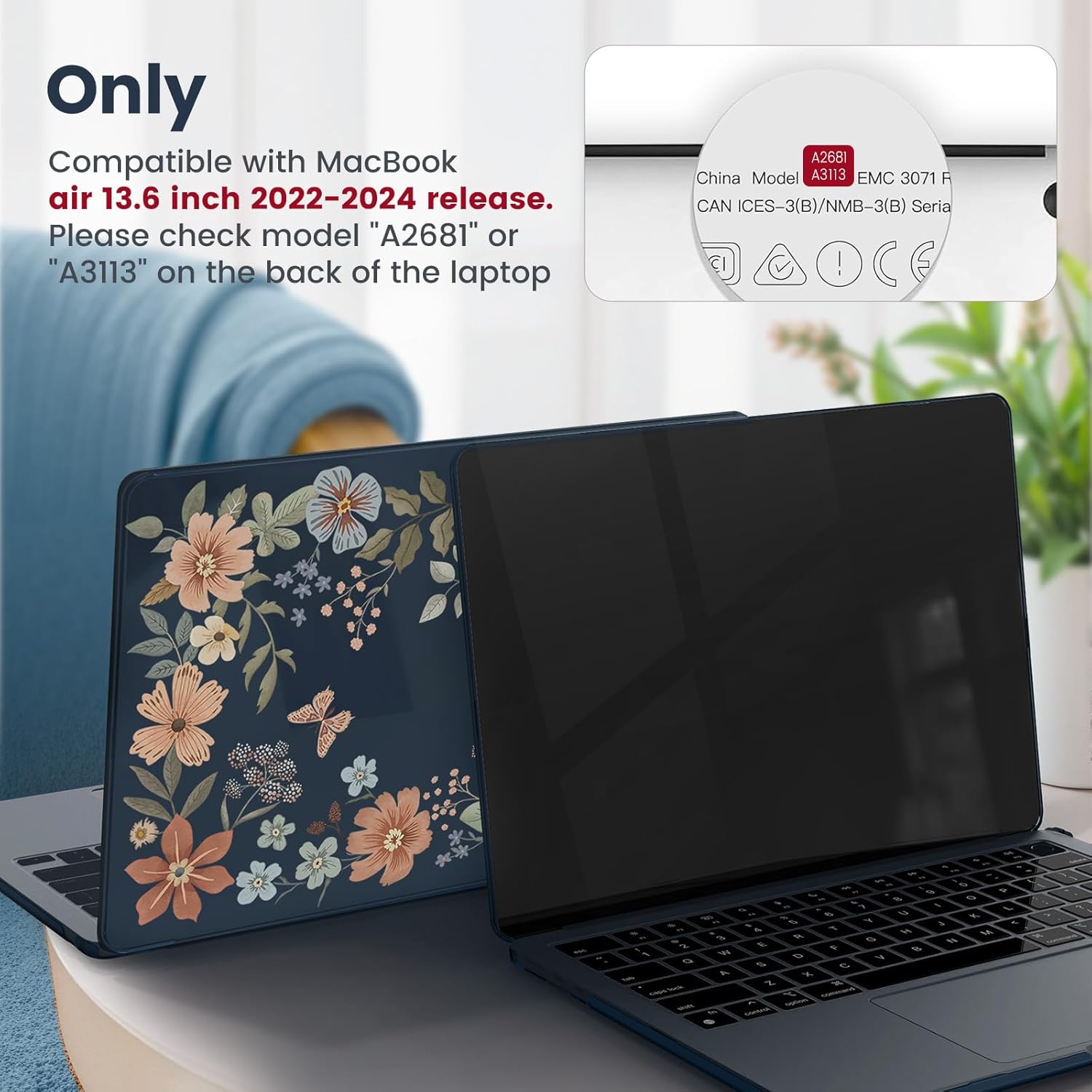 iCasso for MacBook Air 13 inch Case 2026 2025-2022 M4 M3 M2 Model A3240 A3113 A2681,[Ultra Thin Armor][100% Match Midnight], Air 13.6'' Flower Crystal Clear Hard Shell Protective Cover, Midnight - Image 2