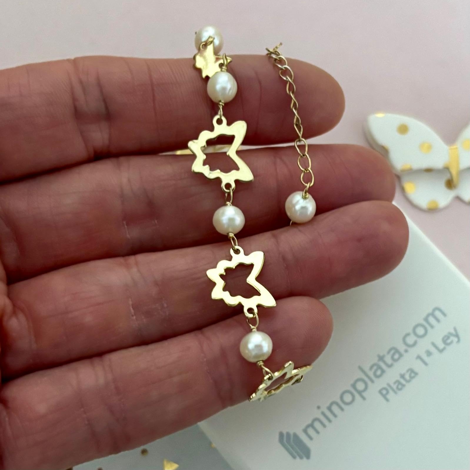 Pulsera Mariposas de Plata de Ley 925 Chapada en Oro con Perlas Cultivadas, Primera Comunión, 16 cm Ajustable