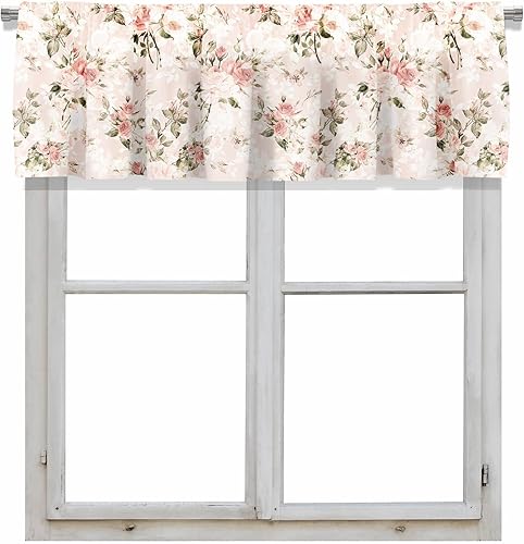 Cenefa de cortina corta opaca con botones de rosas y hojas de acuarela para decoración de cocina, dormitorio, 52 x 18 pulgadas, rosa cálido, 1 panel