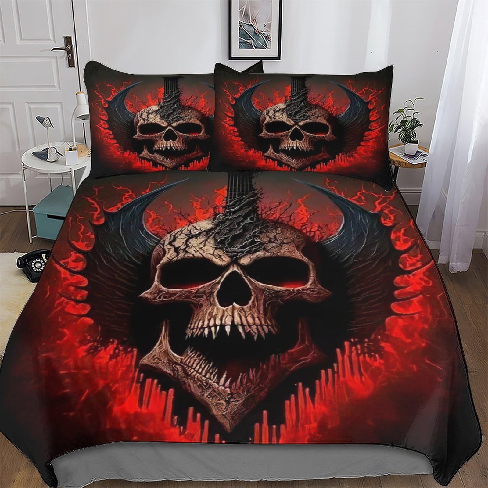 Housse de couette crâne parure de lit double 200x200cm en microfibres avec ses deux taies d'oreiller