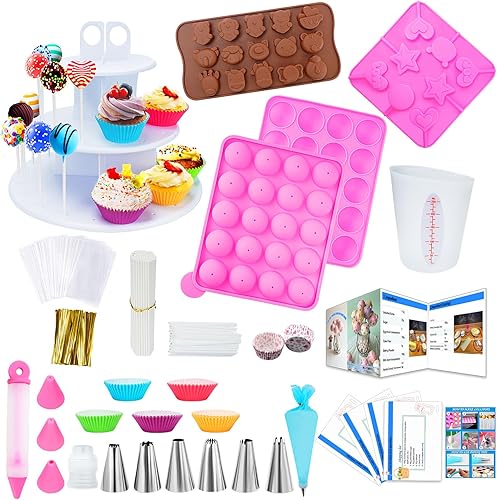 Kit para hacer pasteles con 3 juegos de moldes de silicona, soporte de exhibición de 3 niveles, puntas de tuberías, magdalenas, instrucciones de