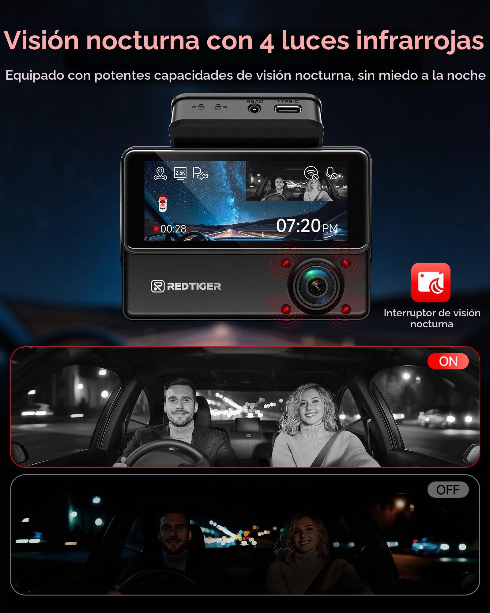 REDTIGER 530° 3 Canales Dashcam Coche 2.5K+2.5K+1080P con Tarjeta de 128 GB, Visión Nocturna IR, Pantalla Táctil,Camara Coche Interior Delantero y Trasero Incluido WiFi GPS, Modo Aparcamiento 24H