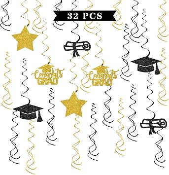 Graduation Hanging Swirl Decorations - 32 Pcs Congrats Grad Party Supplies - Class of 2026 Streamers - College High School Graduation Foil Swirls Ceiling Decorations Gold Glitter