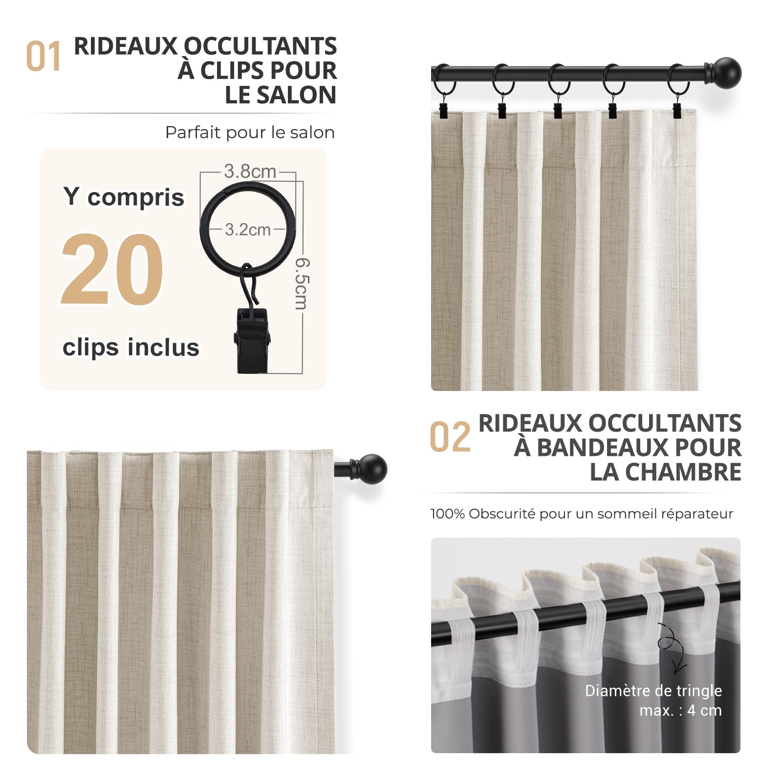 Rideaux occultants Opaques - Lot de 2 - L140 x H245 cm - avec 20 Clips - pour Chambre à Coucher & Salon - Design Lin, Blanc crème