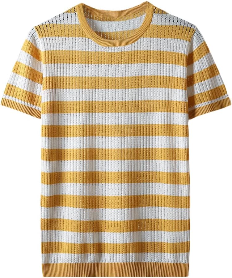 Men's Summer Ice Silk T Shirt Striped O-Neck Short Sleeve Knit Pullover Sweater