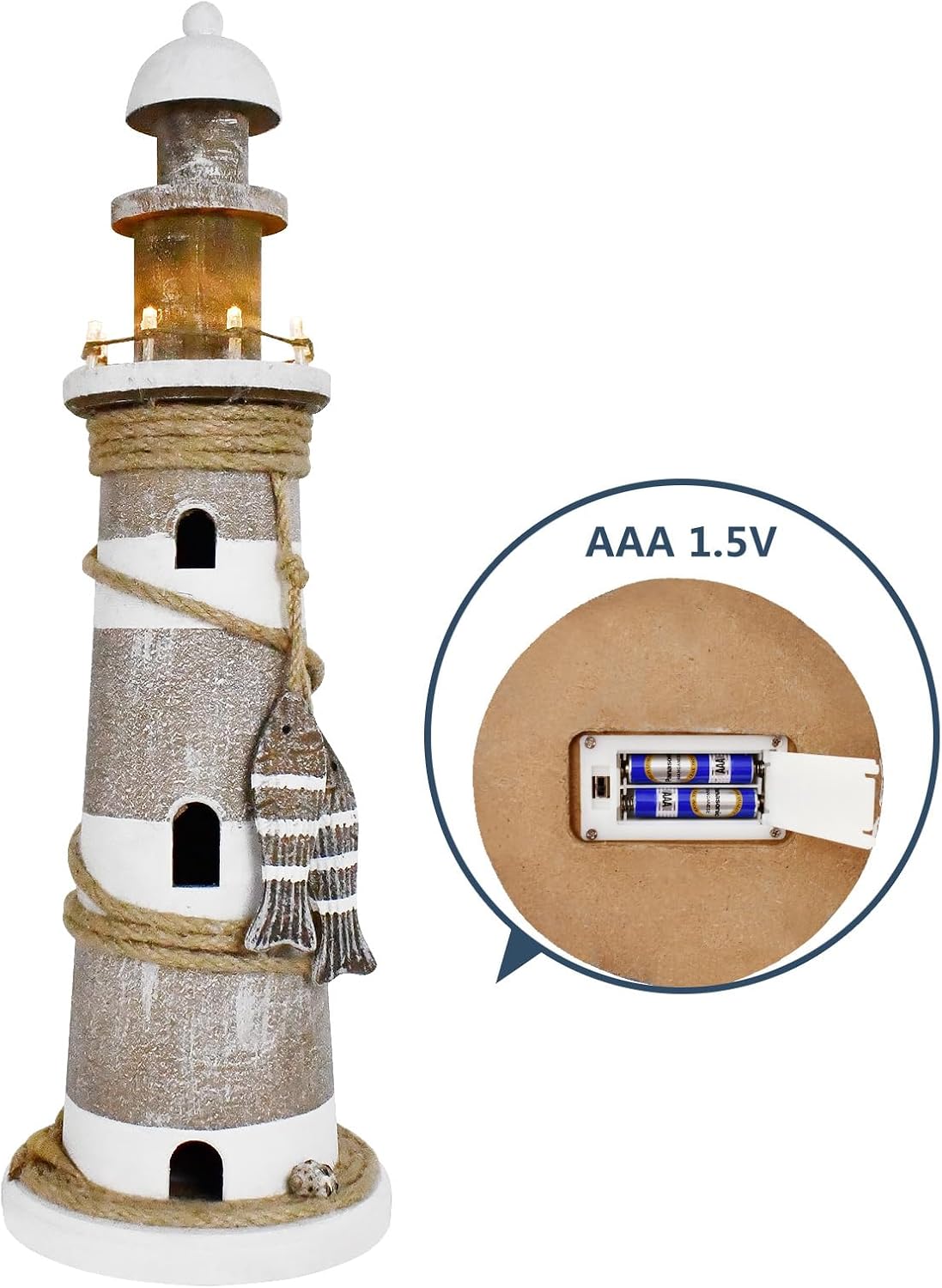 K KILIPES Wood Lighthouse Beach Nautical Home Decor, 17.5" H LED Lighted Light House Sculpture Tabletop Centerpiece Coastal Decoration for Bathroom Bedroom Livinging Room