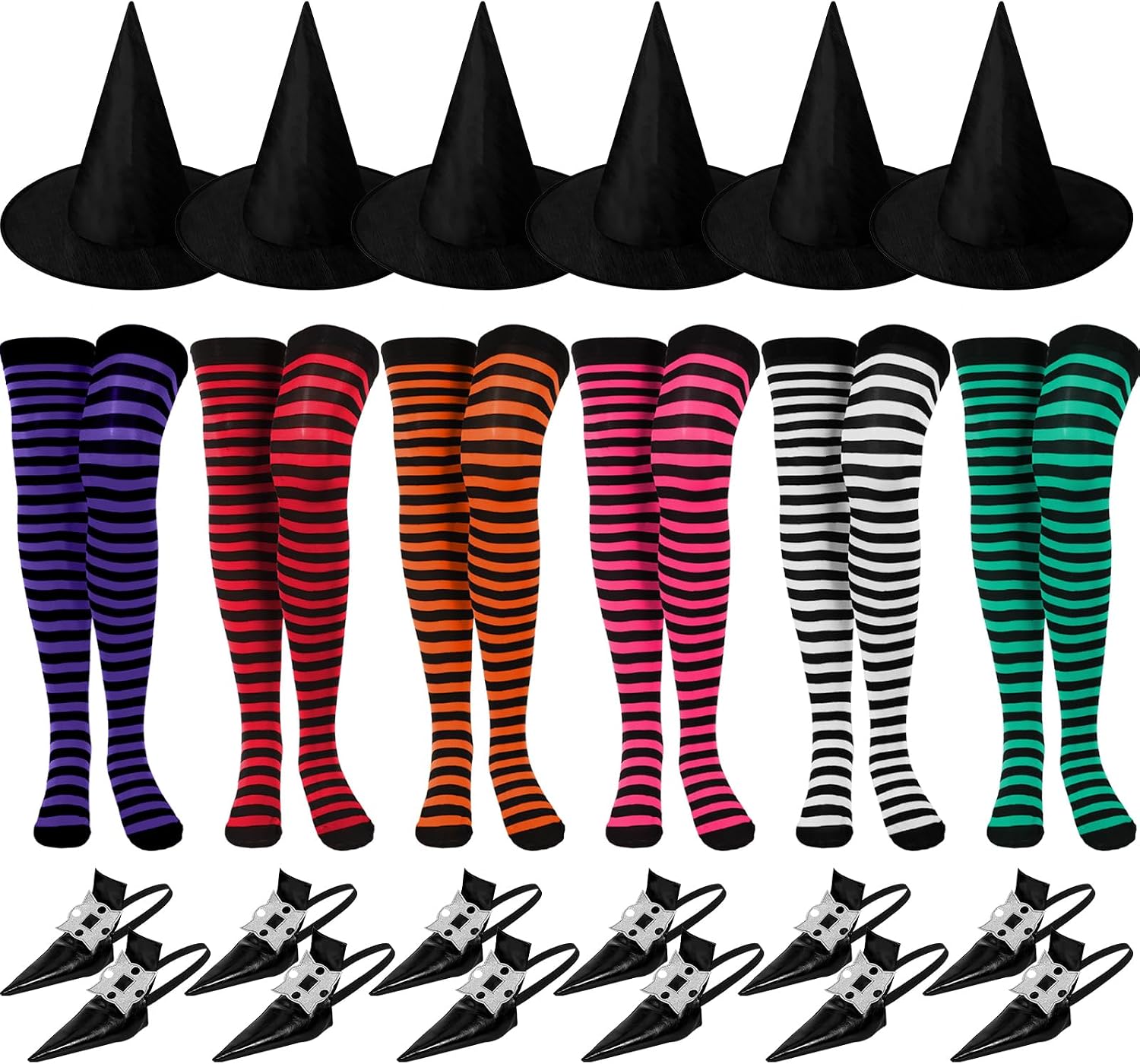 Haysandy Halloween Witch Costume Witch Hat and Sock Set Striped Thigh over Knee High Socks Black Shoe Cover for Women Cosplay