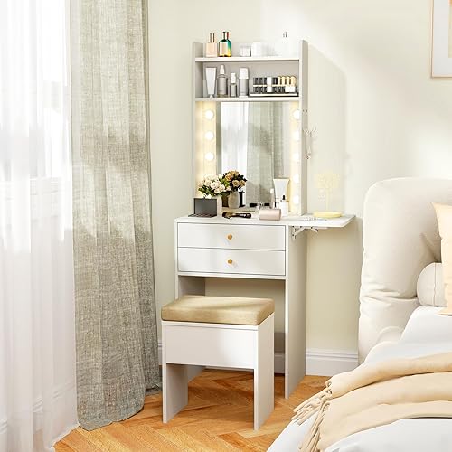 Miniatura 7 de CHARMAID Escritorio pequeño de tocador con espejo y luces, mesa de tocador de maquillaje blanca con banco de almacenamiento, cajones, estantes, mesa