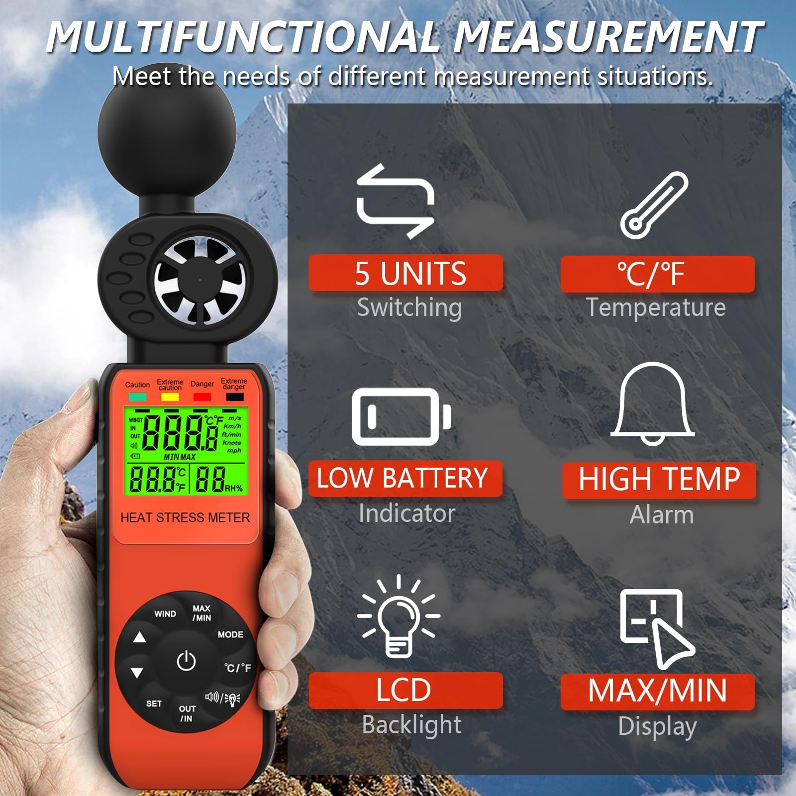 Windmesser Windmessgerät WBGT 881W Heat Stress Meter mit Feuchtkugeltemperatur, Gefahrenpegelanzeige, akustischem Alarm, Raumtemperatur/-feuchte
