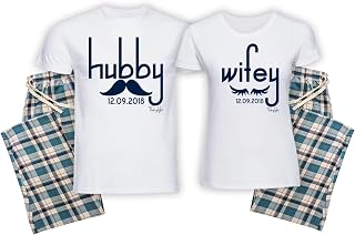Personalised Wifey and Hubby Teal Green Navy and White Tartan Pyjama Set His and Hers Wedding Anniversary Gift Present Husband and Wife Couples Matching Original Design Pyjamas PJ's