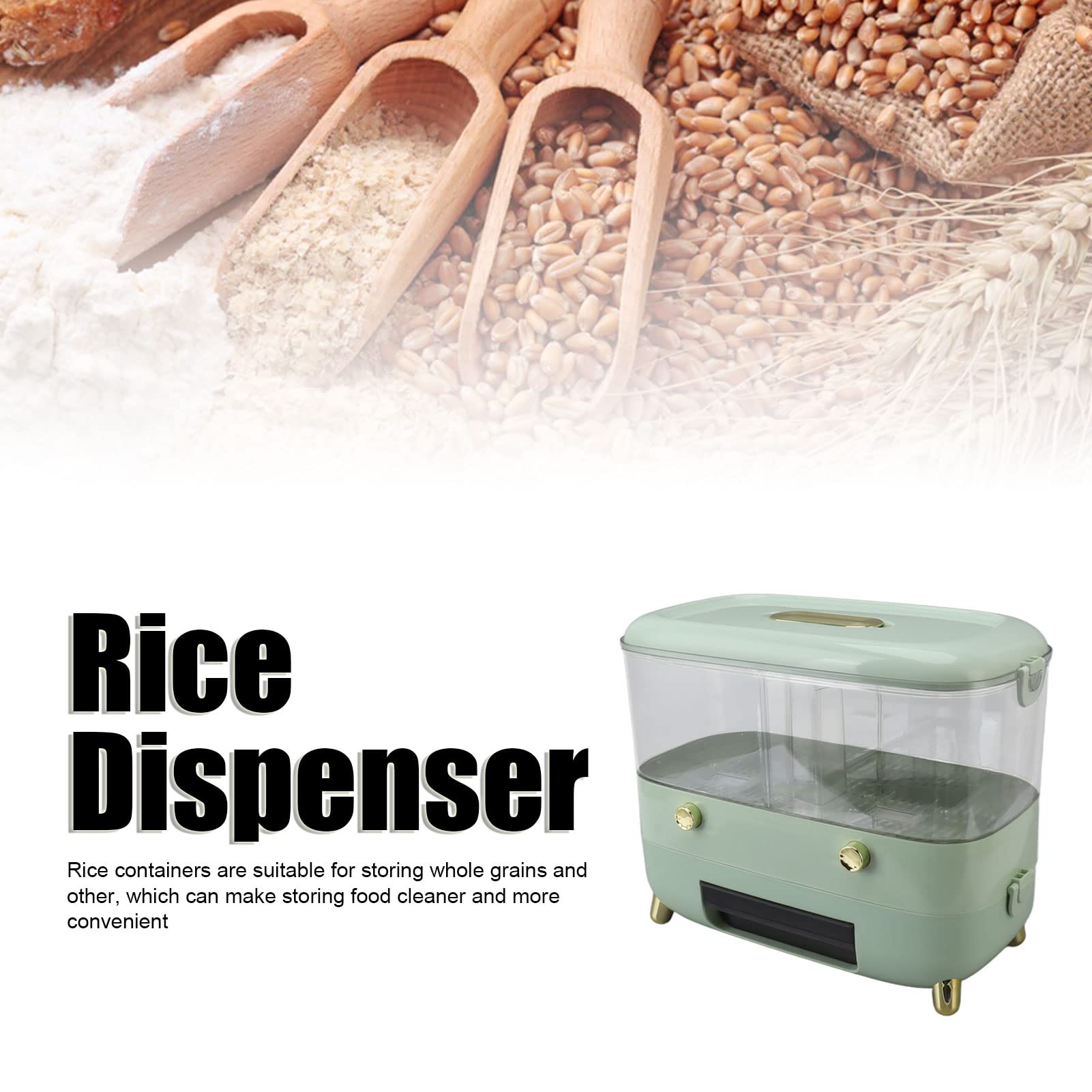 Dispensador de arroz Contenedor de almacenamiento de granos con 2 rejillas Caja sellada transparente para cocina Verde claro (2 Rejillas Verde Claro)