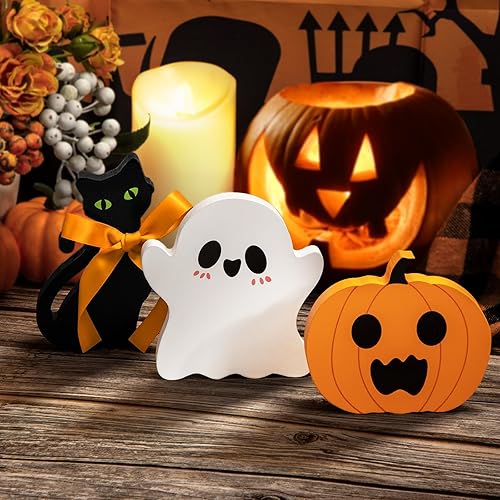 COCHIE Cute Halloween Tiered Tray Decorations Indoor, Ghost Wooden Decor Pumpkin Blocks Signs (Set of 3)