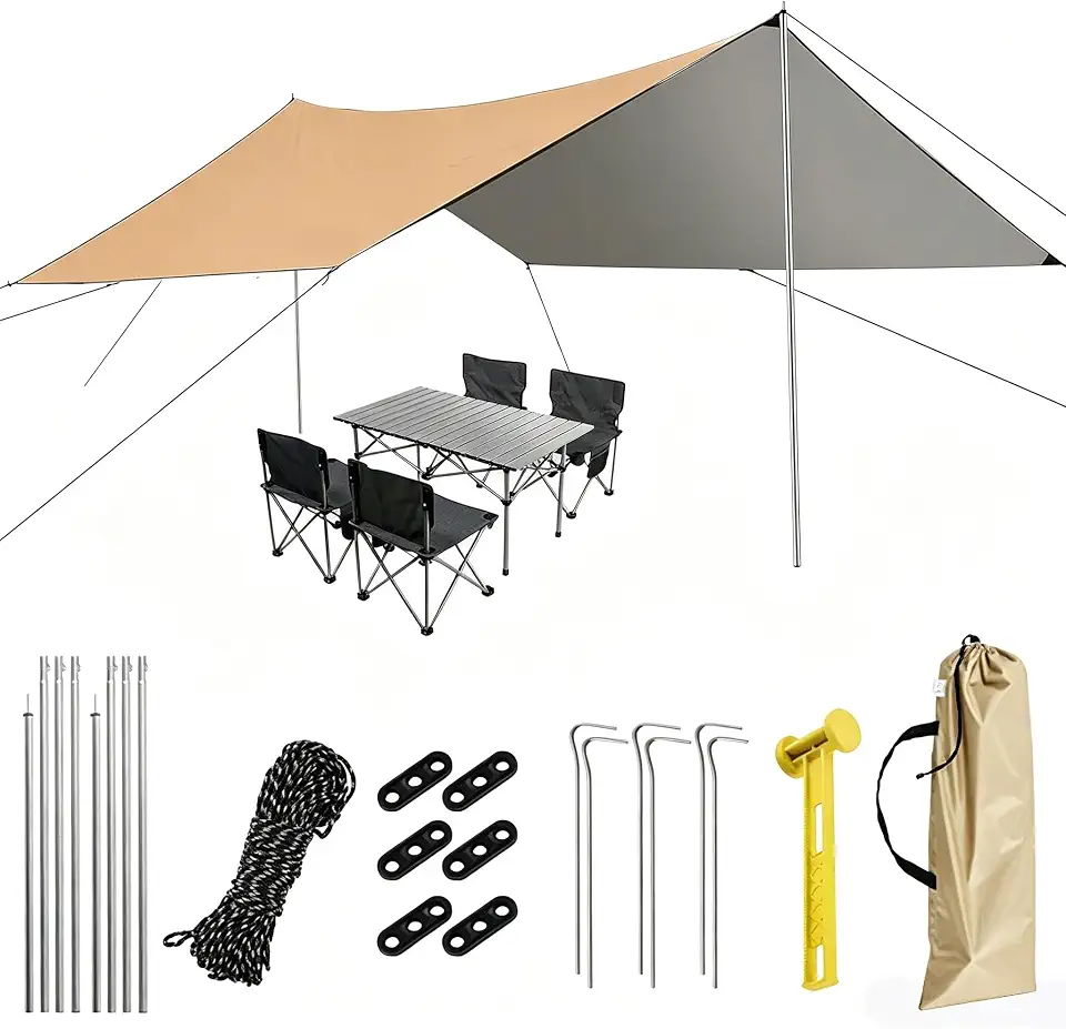 Waterproof Camping Tarp Hammock Rain Fly - 3M x 3M Square Silver Coated Outdoor Sun Shade Shelter with 2 Poles, Versatile Tent UV Protection & Lightweight Tarp, for Camping, Outdoor, Traveling, Hiking